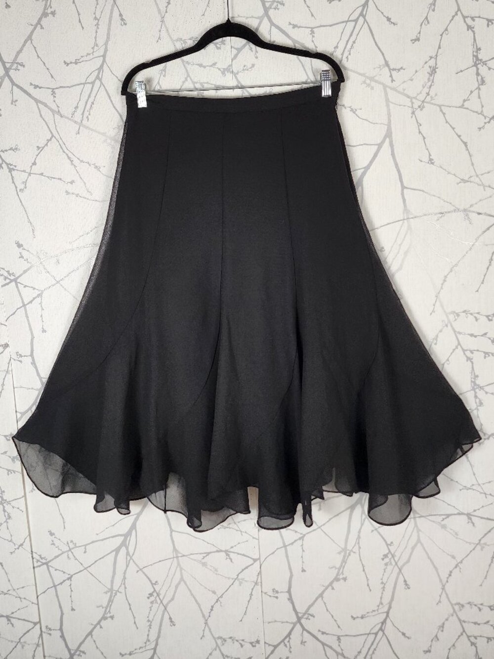 R&M Richards Black Georgette Mermail Flowy Midi Skirt